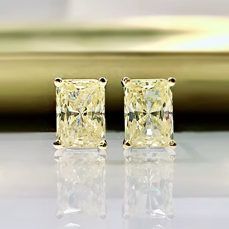 S925 Sterling Silver Glittering Rectangle White Yellow High Carbon Diamond Stud Earrings
