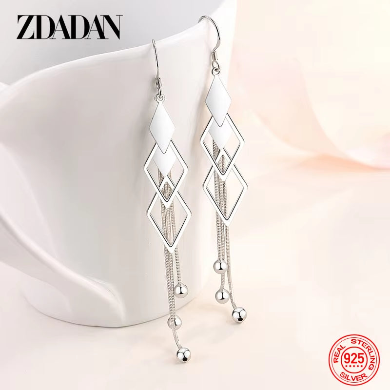 925 Sterling Silver Geometric Long Tassel Drop Earrings