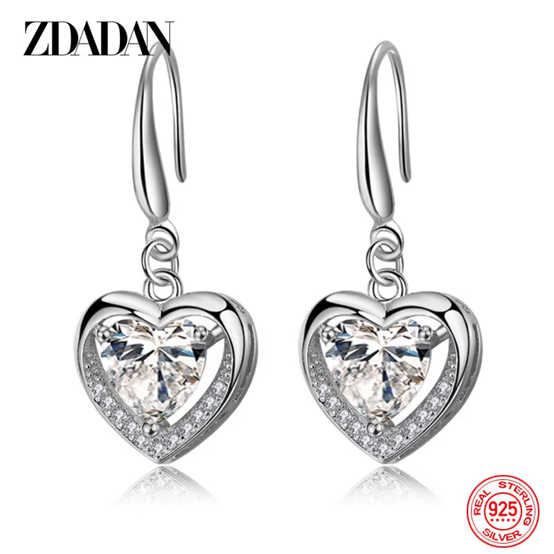 925 Sterling Silver Heart Shaped Zircon Dangle Earrings