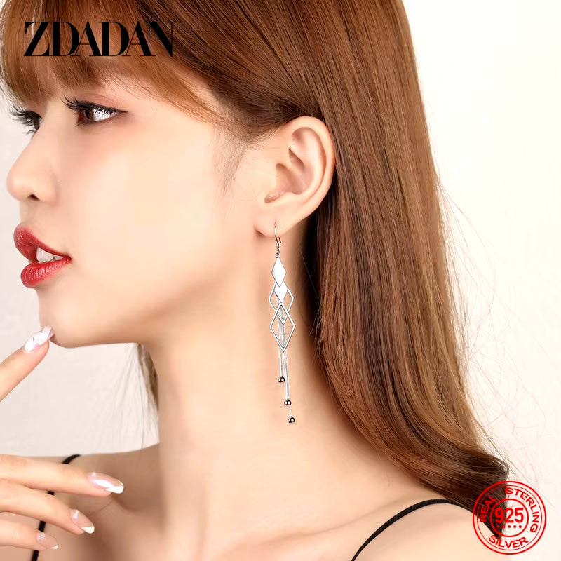925 Sterling Silver Geometric Long Tassel Drop Earrings