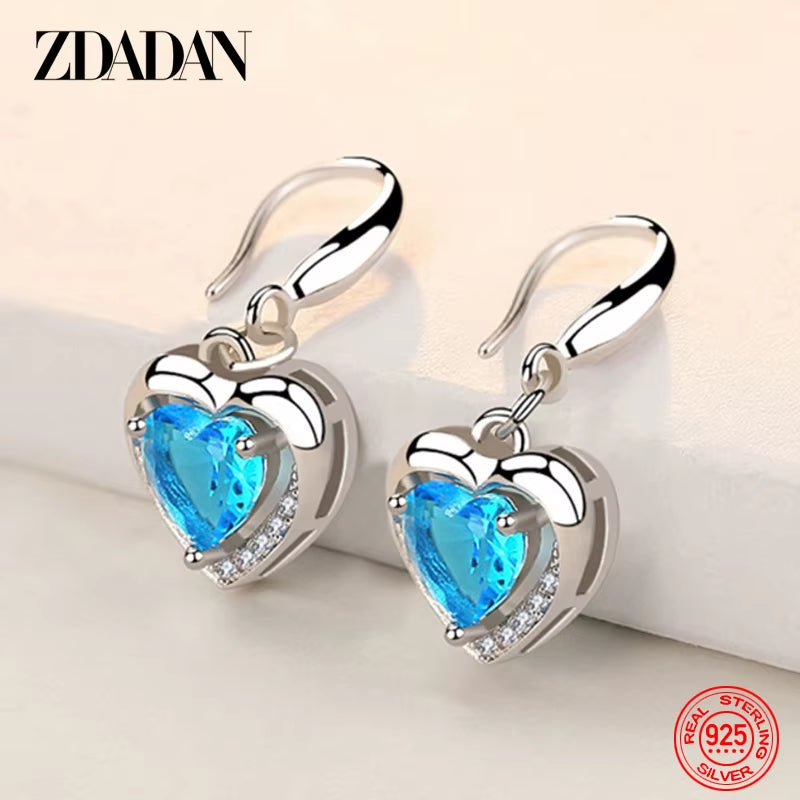 925 Sterling Silver Heart Shaped Zircon Dangle Earrings