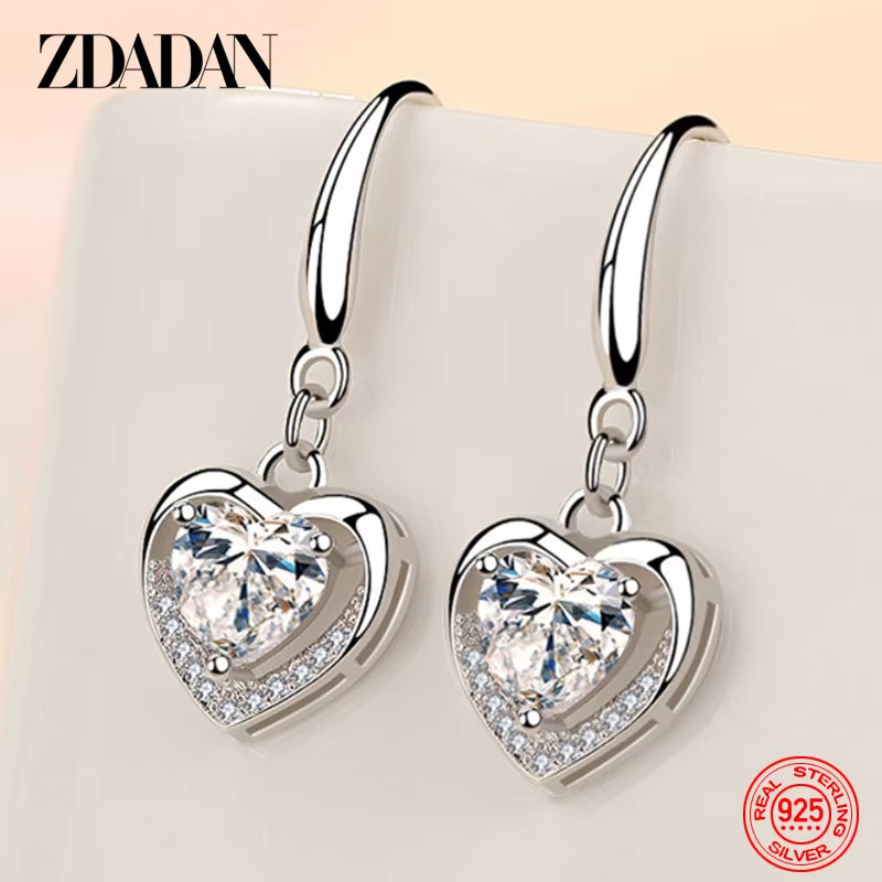 925 Sterling Silver Heart Shaped Zircon Dangle Earrings