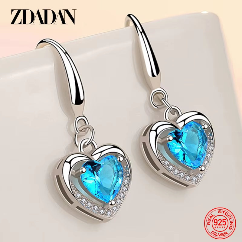 925 Sterling Silver Heart Shaped Zircon Dangle Earrings