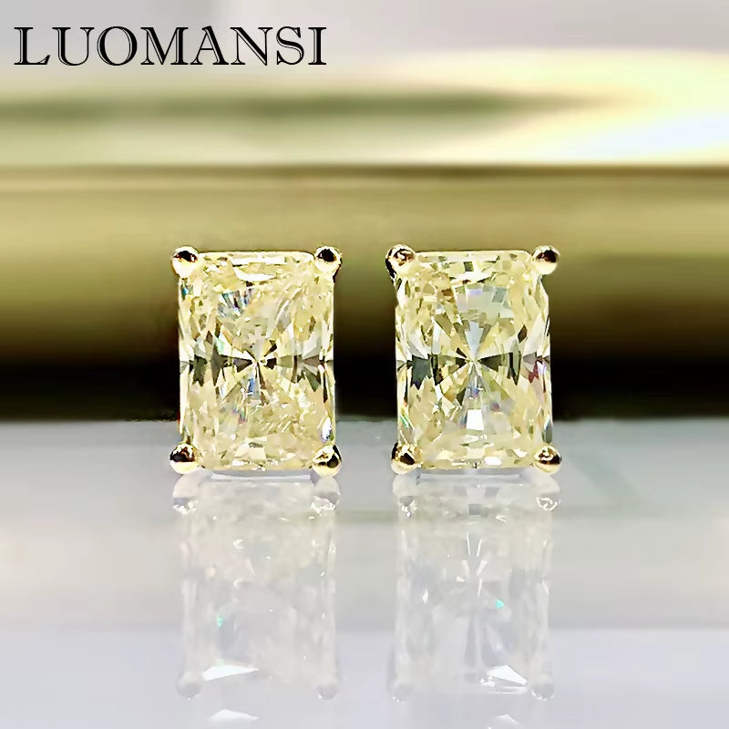 S925 Sterling Silver Glittering Rectangle White Yellow High Carbon Diamond Stud Earrings