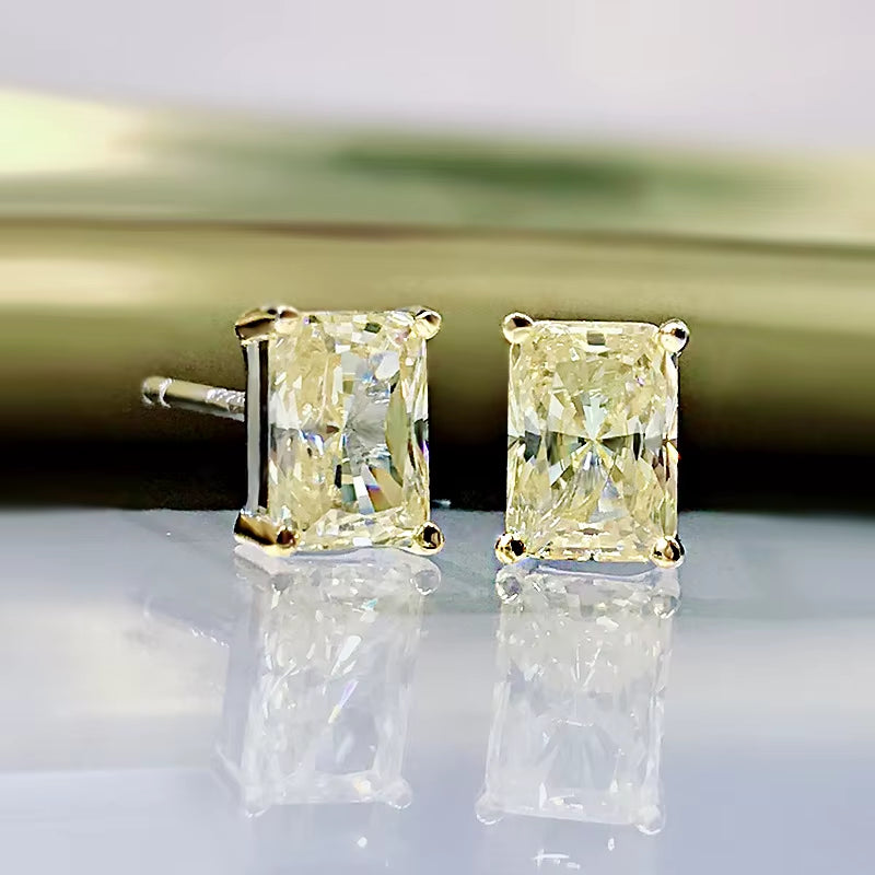 S925 Sterling Silver Glittering Rectangle White Yellow High Carbon Diamond Stud Earrings