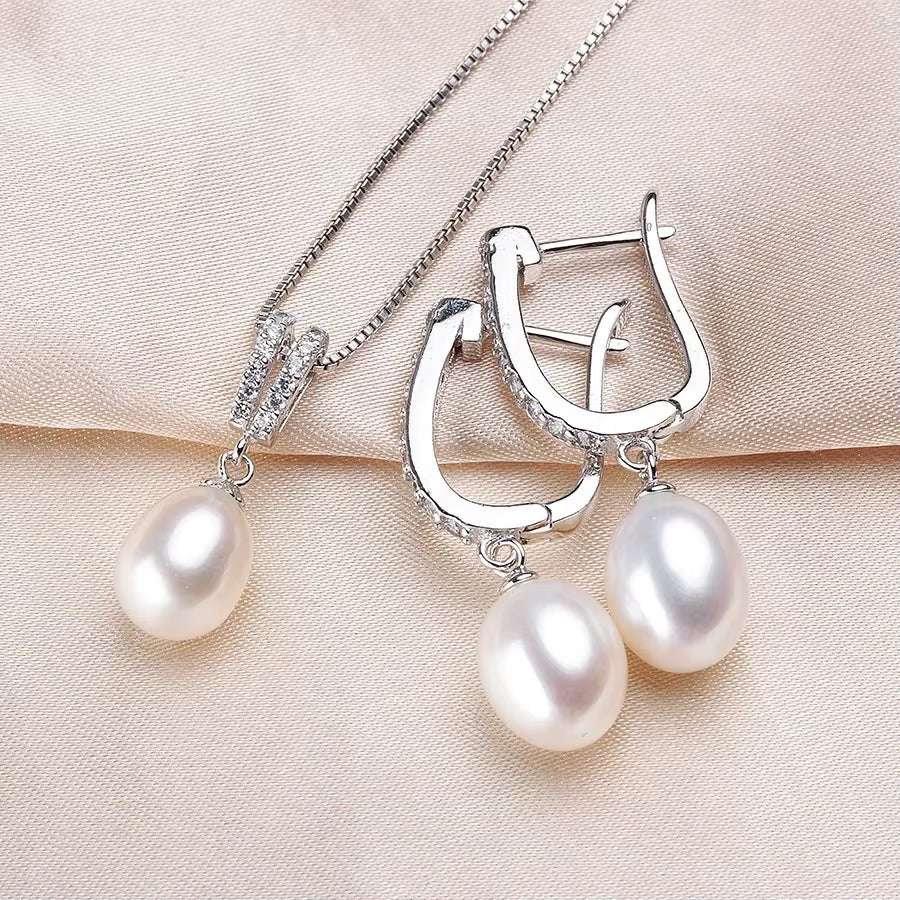 Horseshoe 8-9Mm Rice Freshwater Pearl Earrings&Necklaces Jewelry Set for Women 925 Sterling Silver 45Cm Pendant Necklace