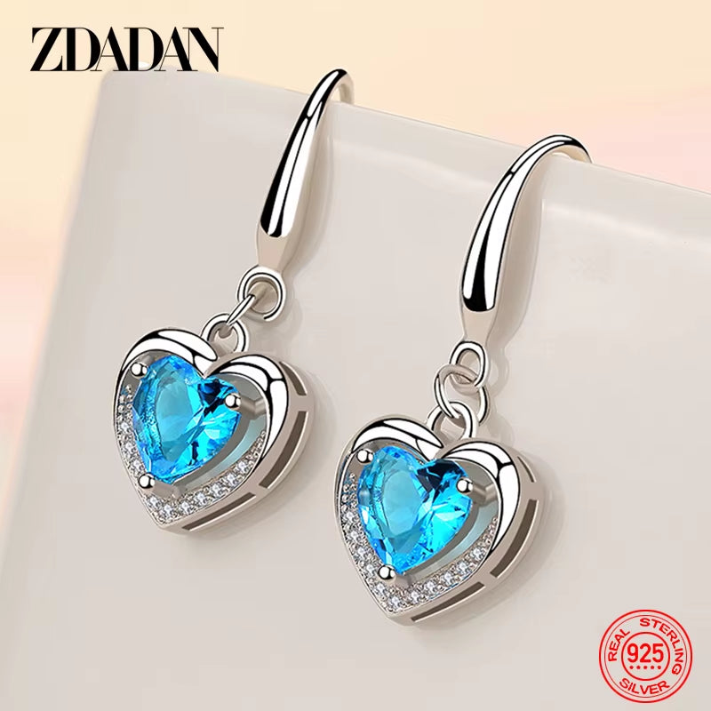 925 Sterling Silver Heart Shaped Zircon Dangle Earrings
