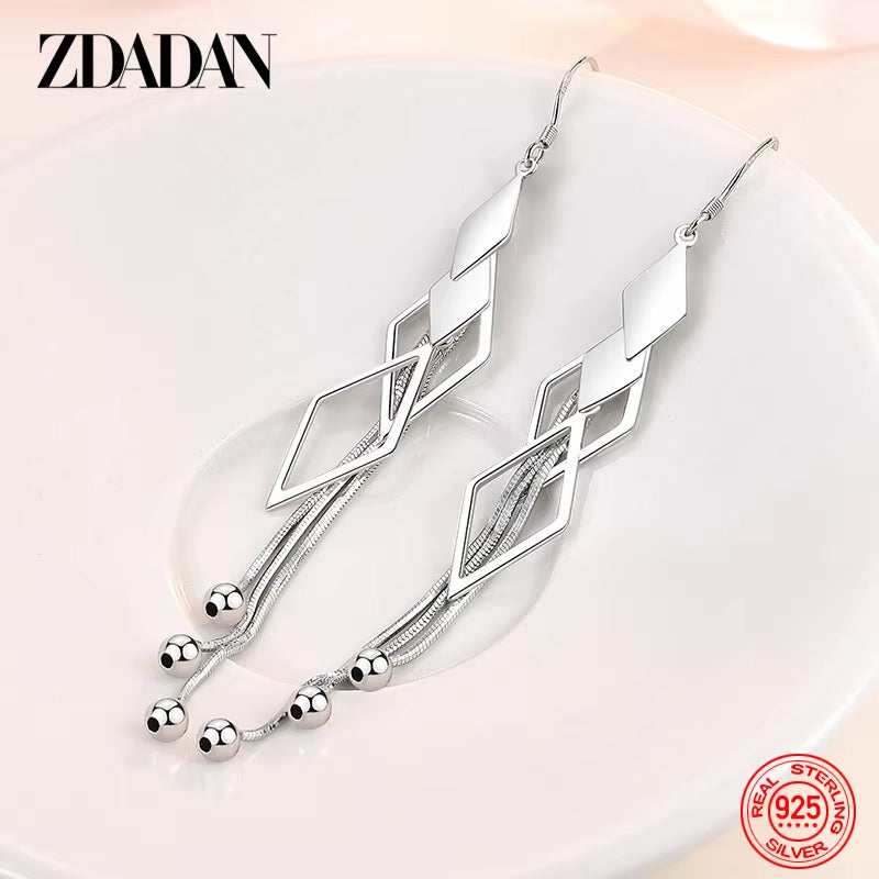 925 Sterling Silver Geometric Long Tassel Drop Earrings