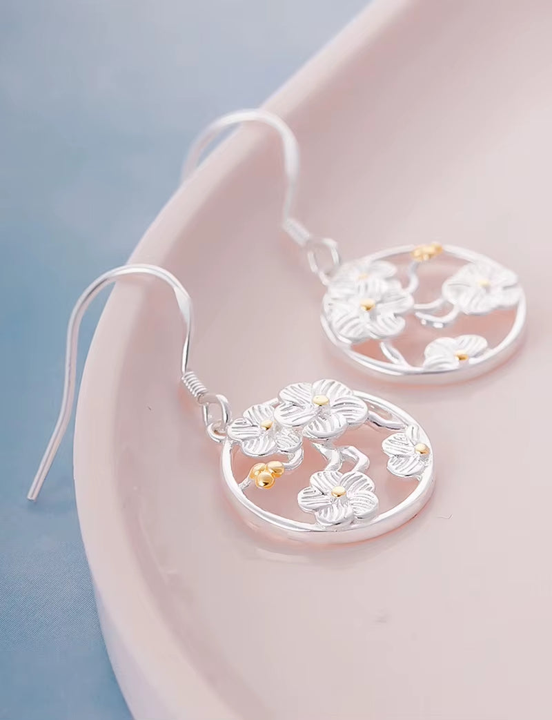 925 Sterling Silver Cherry Blossoms Drop Earrings