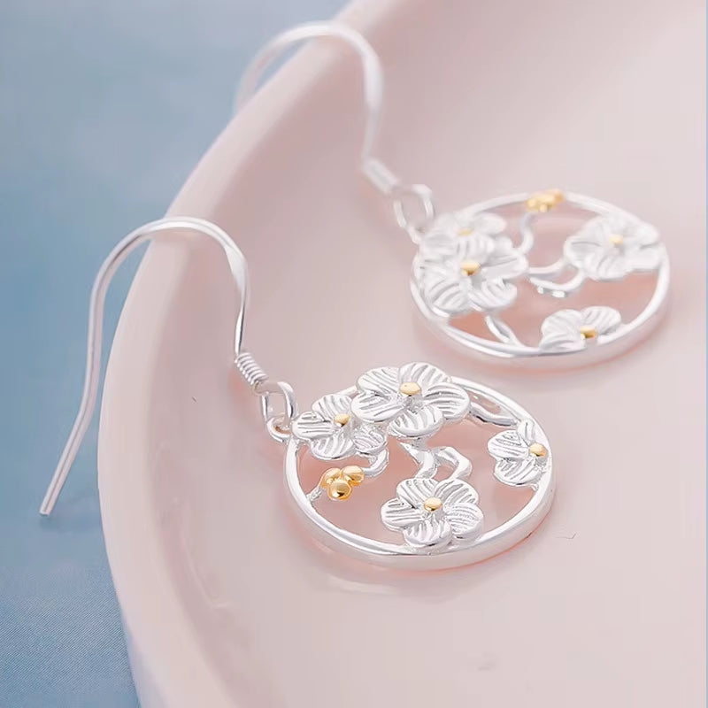 925 Sterling Silver Cherry Blossoms Drop Earrings