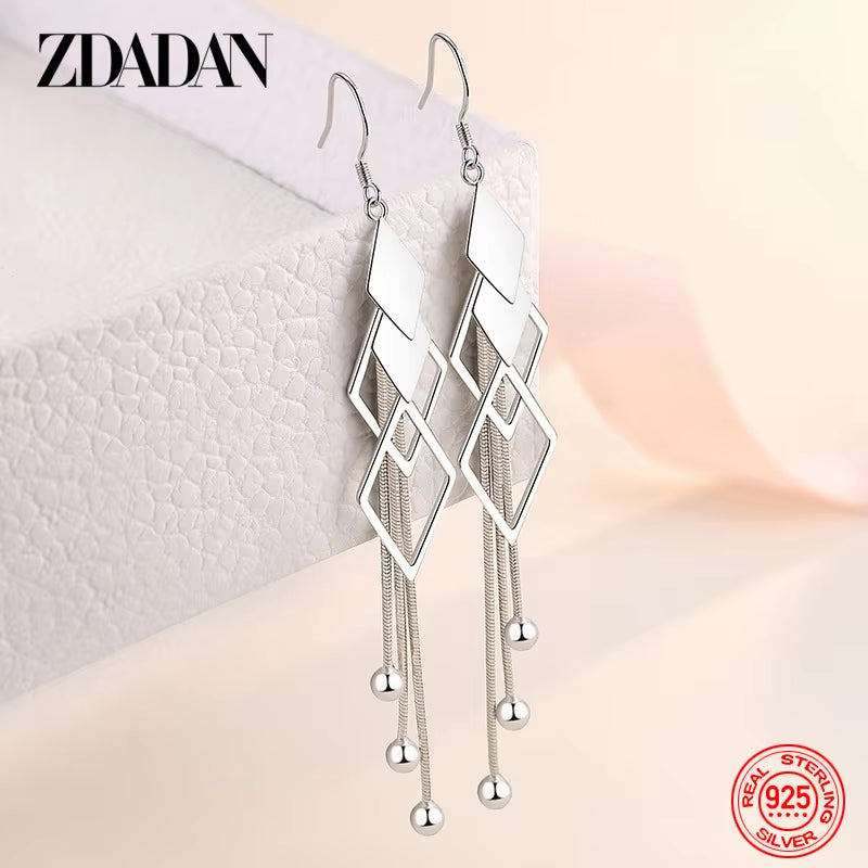 925 Sterling Silver Geometric Long Tassel Drop Earrings