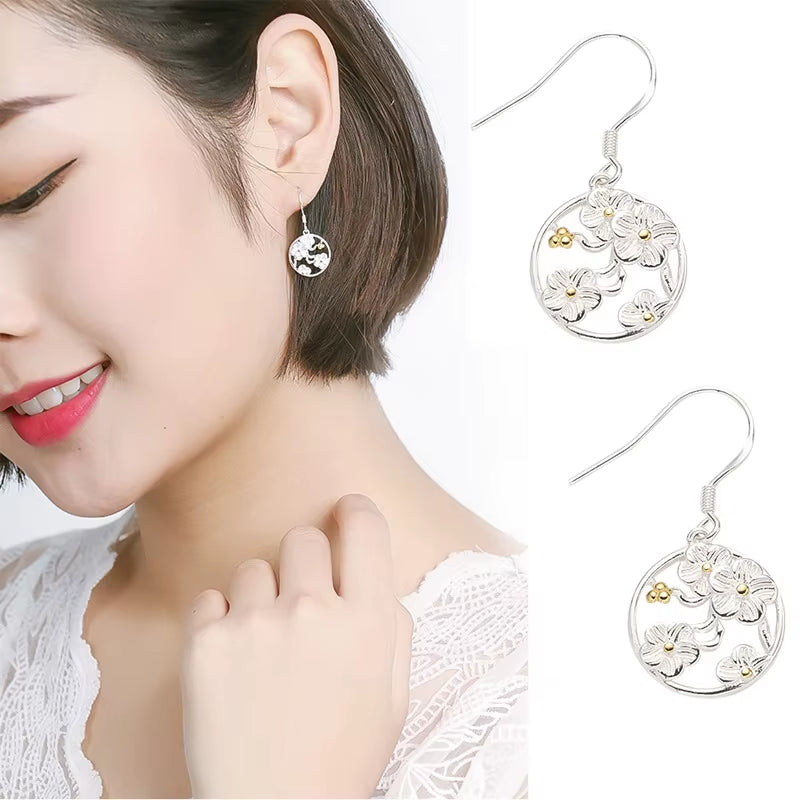 925 Sterling Silver Cherry Blossoms Drop Earrings