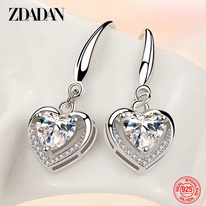 925 Sterling Silver Heart Shaped Zircon Dangle Earrings