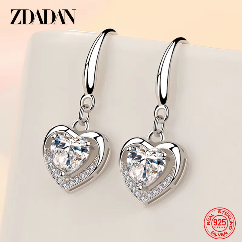 925 Sterling Silver Heart Shaped Zircon Dangle Earrings