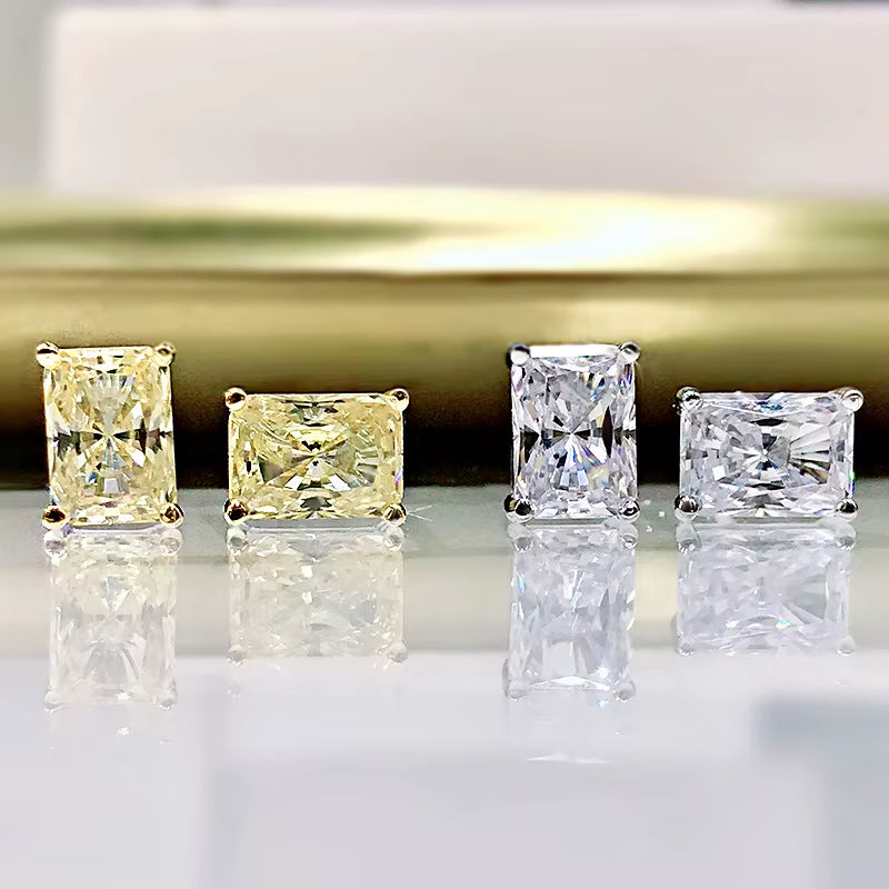S925 Sterling Silver Glittering Rectangle White Yellow High Carbon Diamond Stud Earrings