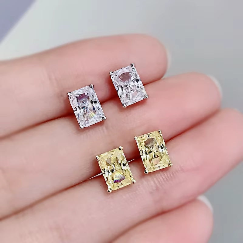 S925 Sterling Silver Glittering Rectangle White Yellow High Carbon Diamond Stud Earrings