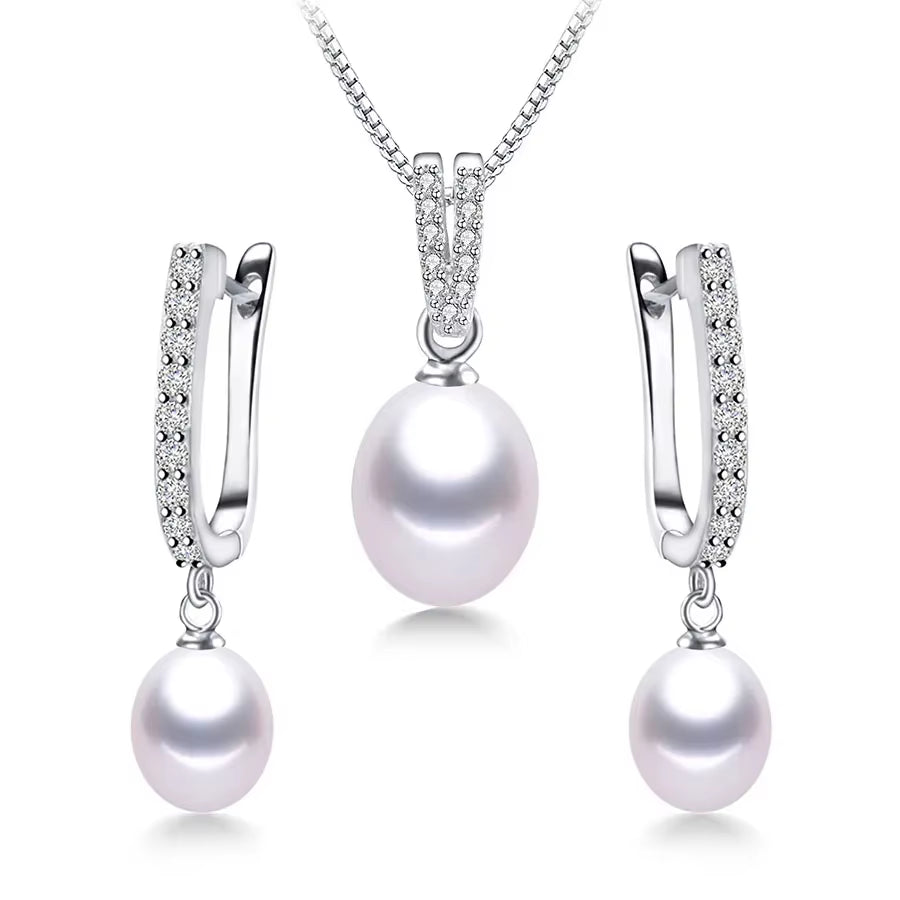 Horseshoe 8-9Mm Rice Freshwater Pearl Earrings&Necklaces Jewelry Set for Women 925 Sterling Silver 45Cm Pendant Necklace