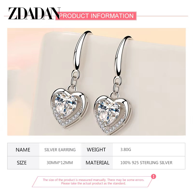 925 Sterling Silver Heart Shaped Zircon Dangle Earrings