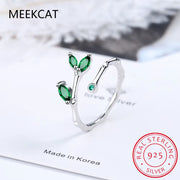 925 Sterling Silver Leaves Emerald Green Open Ring
