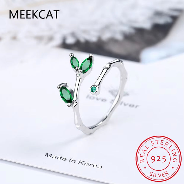 925 Sterling Silver Leaves Emerald Green Open Ring