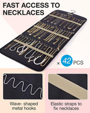 Hanging Jewelry Organizer Storage Roll with Hanger Metal Hooks Double-Sided 