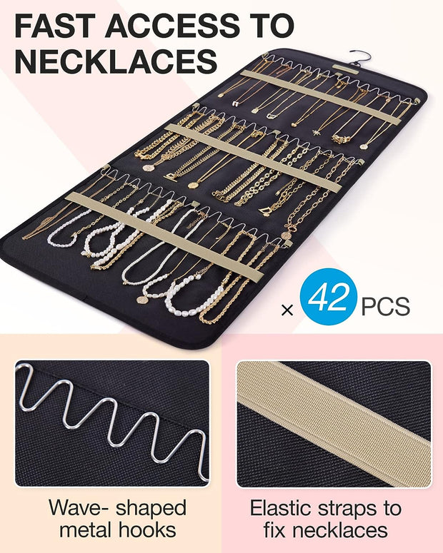 Hanging Jewelry Organizer Storage Roll with Hanger Metal Hooks Double-Sided 