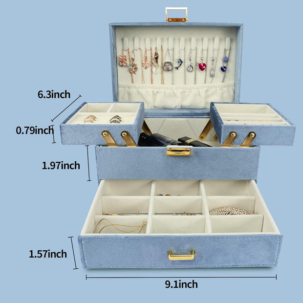 Velvet Jewelry Boxes for Women Girls, Jewelry Organizer Box, Jewelry Storage Organizer for Rings Necklaces Bracelets Watch Earring (Blue)