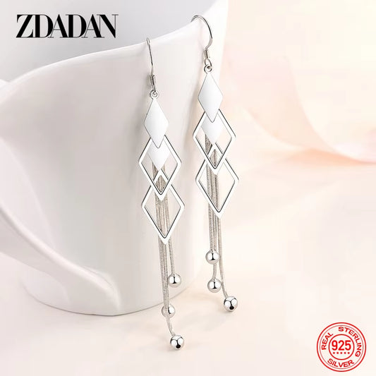 925 Sterling Silver Geometric Long Tassel Drop Earrings 
