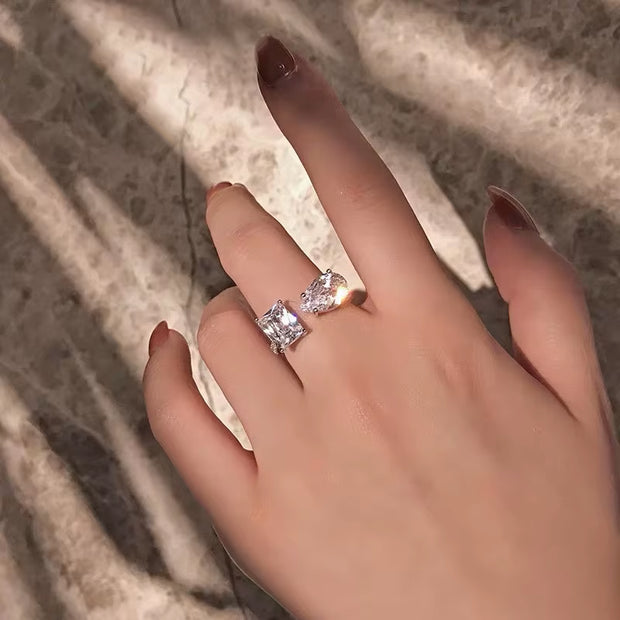 925 Sterling Silver Simulated Pear Emerald Diamond Open Ring 