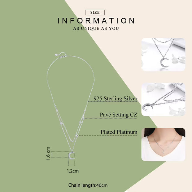 925 Sterling Silver Moon & Star Double Layers Chain Pendant Necklace