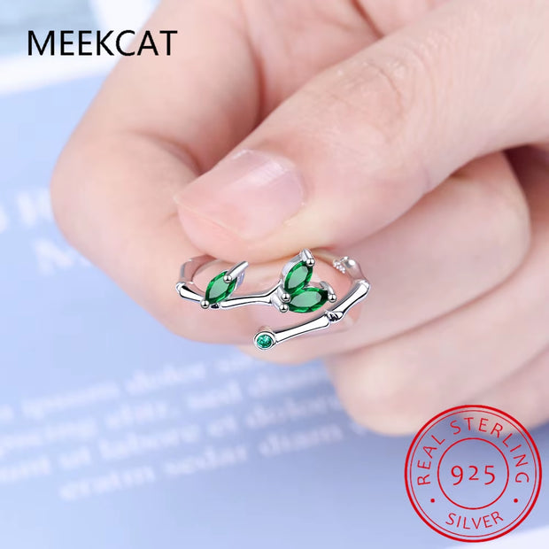 925 Sterling Silver Leaves Emerald Green Open Ring