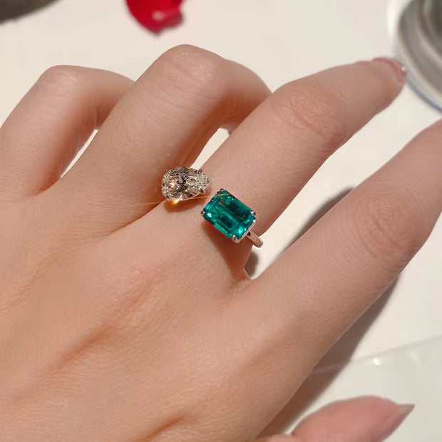 925 Sterling Silver Simulated Pear Emerald Diamond Open Ring 