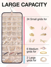 Hanging Jewelry Organizer Storage Roll with Hanger Metal Hooks Double-Sided 