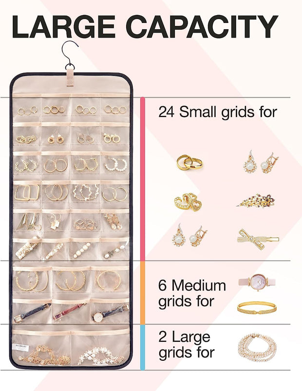 Hanging Jewelry Organizer Storage Roll with Hanger Metal Hooks Double-Sided 