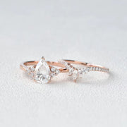 1.5Ct Pear Cut 6*9Mm Moissanite Engagement Ring Set 14K Rose Gold Cluster Stacking Curved Wedding Band Gift for Women