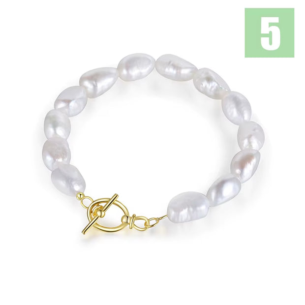 Luxury 925 Sterling Silver Sweet 8Mm Baroque Pearl Chain Bracelet 