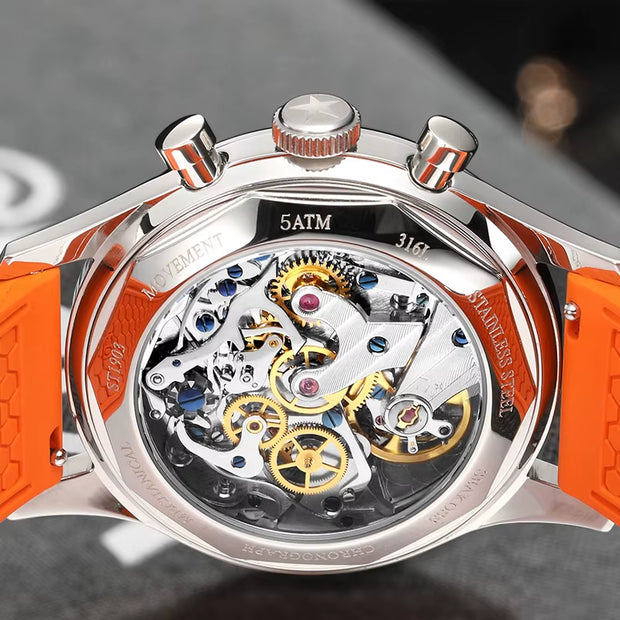 40Mm 1963 Chronograph Mechanical Watch for Men ST1903 Movement Super Luminous Sapphire Silicone Pilot Wristwatch