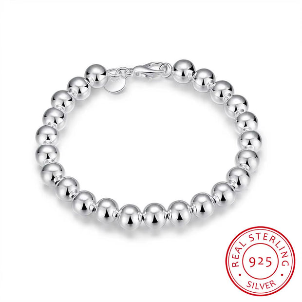 925 Solid Real Sterling Silver Fashion 0.8Cm Beads Bracelet Pulseras 21Cm