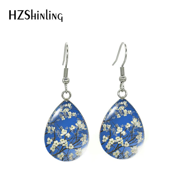 Cherry Blossom Tree Paintings Water Drop Dangle Hook Earrings Glass Cabochon 