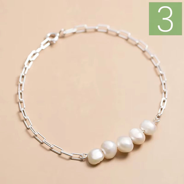 Luxury 925 Sterling Silver Sweet 8Mm Baroque Pearl Chain Bracelet 