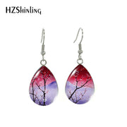 Cherry Blossom Tree Paintings Water Drop Dangle Hook Earrings Glass Cabochon 