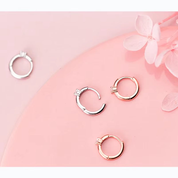 925 Sterling Silver Minimalist Geometric Zircon Hoop Earrings 