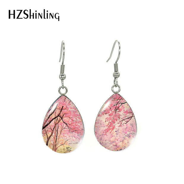Cherry Blossom Tree Paintings Water Drop Dangle Hook Earrings Glass Cabochon 