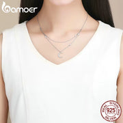925 Sterling Silver Moon & Star Double Layers Chain Pendant Necklace