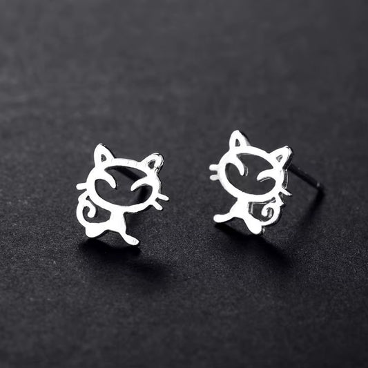 Real 925 Sterling Silver Lovely Cat Earrings 
