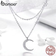 925 Sterling Silver Moon & Star Double Layers Chain Pendant Necklace