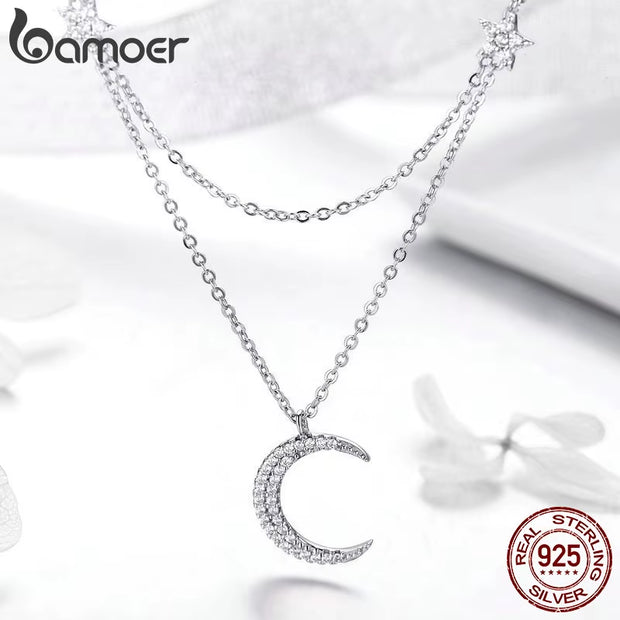925 Sterling Silver Moon & Star Double Layers Chain Pendant Necklace