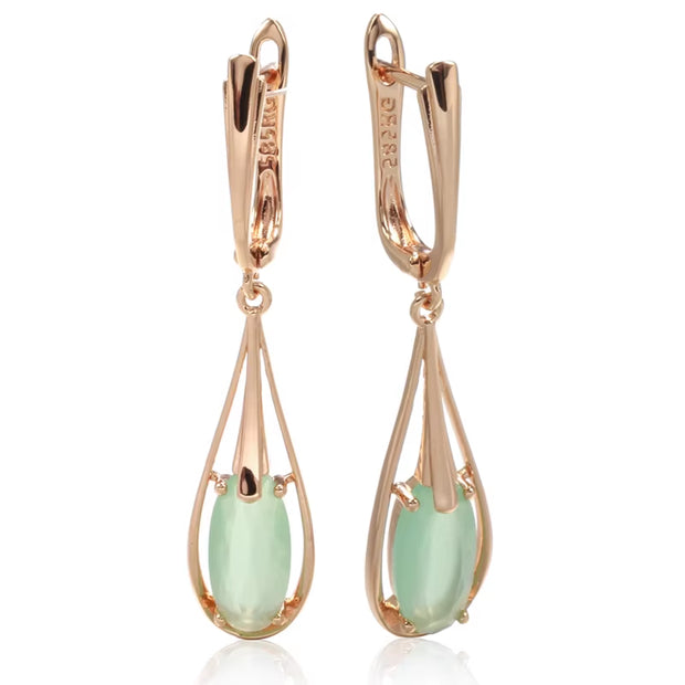 Emerald Long Drop Natural Zircon Dangle Earrings 585 Rose Gold Color 