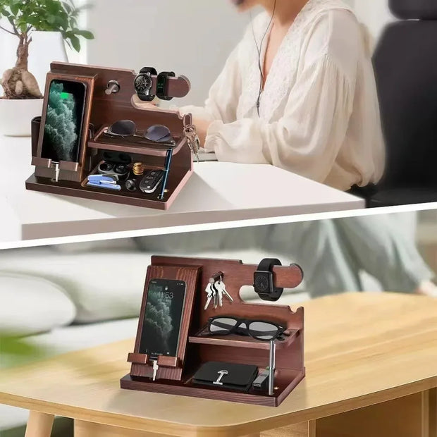Multifunctional Wooden Storage Racks Watches Jewelry Glasses Phone Holder Keys 