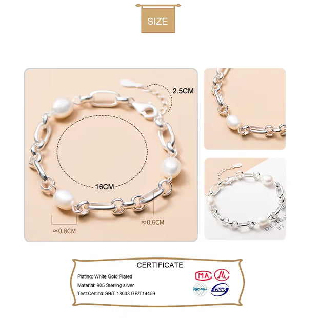 Luxury 925 Sterling Silver Sweet 8Mm Baroque Pearl Chain Bracelet 